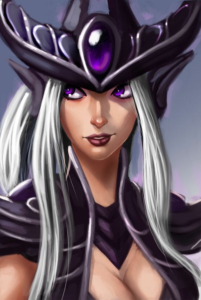 Anime picture 800x1191 with league of legends syndra carlos eduardo single long hair tall image purple eyes looking away cleavage silver hair lips girl headdress