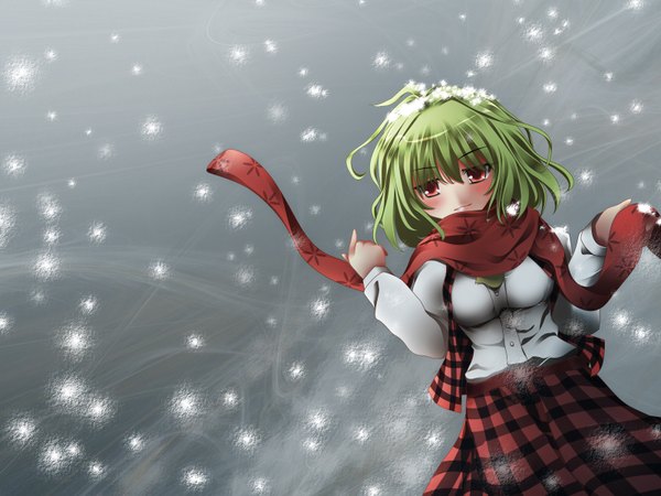 Anime picture 1600x1200 with touhou kazami yuuka bunchin (siso junzy) single blush short hair red eyes green hair wind snowing girl skirt scarf skirt set