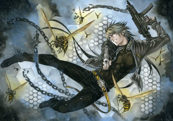 Anime picture 1789x1256 with original levin (artist) looking at viewer fringe highres smile hair between eyes holding very long hair grey hair black eyes open clothes open jacket teeth muscle dual wielding traditional media watercolor (medium) boy gloves