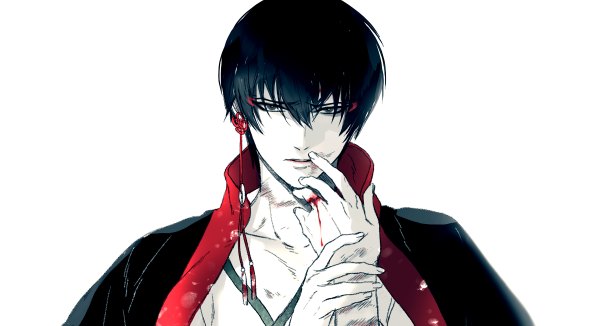 Anime picture 1200x652 with hoozuki no reitetsu wit studio hakutaku (hoozuki no reitetsu) akgi single looking at viewer short hair black hair simple background hair between eyes wide image white background black eyes finger to mouth clothes on shoulders boy blood single earring