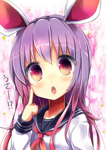 Anime picture 1018x1440 with touhou reisen udongein inaba uta (kuroneko) single long hair tall image blush open mouth red eyes animal ears purple hair nail polish fingernails bunny ears alternate costume looking up long fingernails girl uniform serafuku