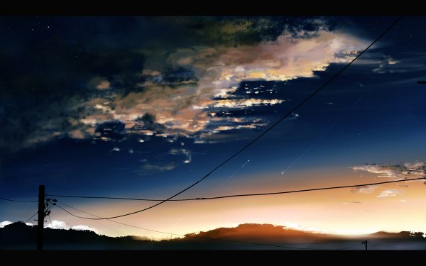 Anime picture 1200x750 with original kunito9210 wide image sky cloud (clouds) evening sunset landscape shooting star star (stars) power lines