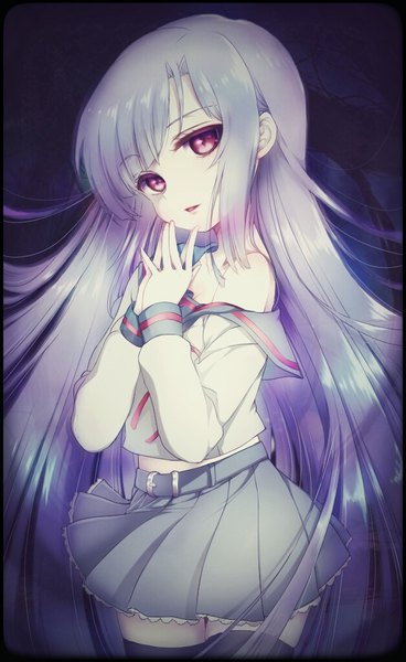 Anime picture 628x1024 with owari no seraph wit studio hiiragi mahiru mokyuu single tall image fringe simple background red eyes standing payot silver hair very long hair parted lips head tilt zettai ryouiki hands clasped girl thighhighs uniform