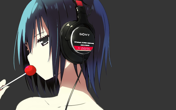 Anime picture 2560x1600 with sky-freedom assassinwarrior single looking at viewer fringe highres short hair simple background bare shoulders holding blue hair grey eyes girl food sweets headphones candy lollipop
