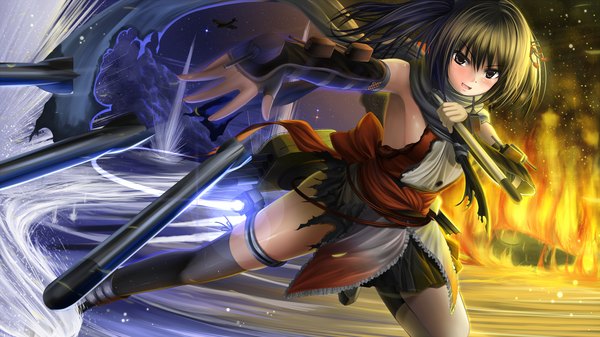 Anime picture 2000x1125 with kantai collection sendai light cruiser shibata rai looking at viewer blush highres short hair open mouth black hair wide image twintails black eyes girl thighhighs weapon scarf single thighhigh fire