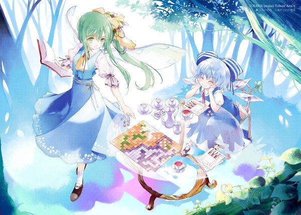 Anime picture 1200x858 with touhou cirno daiyousei sumi keiichi long hair blush fringe short hair smile standing sitting multiple girls holding green eyes blue hair ponytail eyes closed green hair hands on face girl