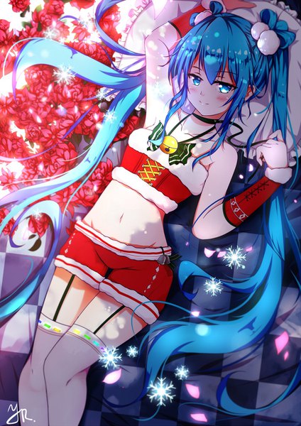 Anime picture 1060x1500 with vocaloid hatsune miku qingye ling single tall image looking at viewer blush fringe blue eyes smile hair between eyes twintails bare shoulders signed very long hair arm up aqua hair bare belly sparkle midriff