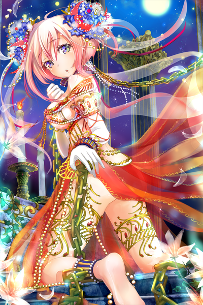 Anime picture 640x960 with original keepout single long hair tall image blush light erotic pink hair looking back barefoot night :o night sky kneeling soles multicolored eyes girl gloves hair ornament flower (flowers)