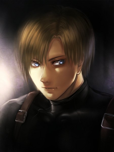 Anime picture 750x1000 with resident evil leon s. kennedy f-wd single tall image short hair blue eyes simple background brown hair close-up face boy belt