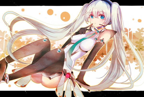 Anime picture 1748x1181 with vocaloid hatsune miku tagme (artist) single long hair looking at viewer highres breasts blue eyes light erotic large breasts twintails white hair finger to mouth girl thighhighs gloves black thighhighs black gloves necktie