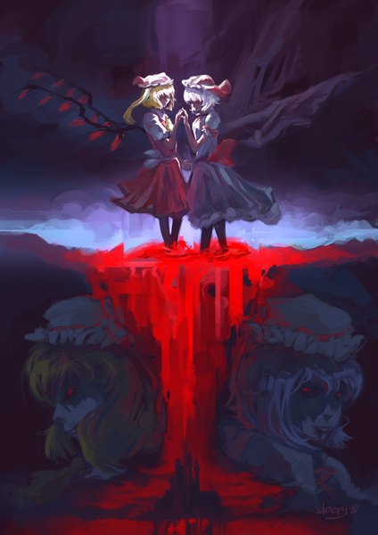 Anime picture 1240x1754 with touhou flandre scarlet remilia scarlet sleepy (pixiv) tall image short hair blonde hair red eyes blue hair holding hands girl dress bow hat wings blood