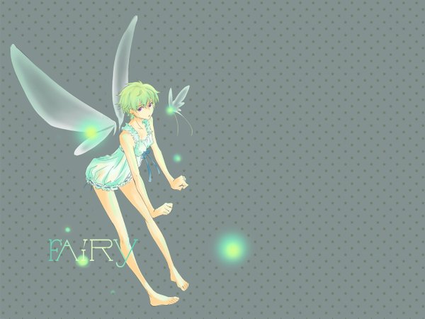 Anime picture 1316x987 with mobile suit gundam mobile suit gundam 00 sunrise (studio) hilling care kiu short hair simple background purple eyes barefoot green hair inscription grey background fairy girl wings star (symbol) insect butterfly pajamas fist