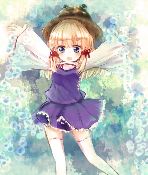 Anime picture 1222x1444 with touhou moriya suwako shromann (artist) single tall image short hair open mouth blue eyes blonde hair spread arms girl thighhighs dress hat white thighhighs