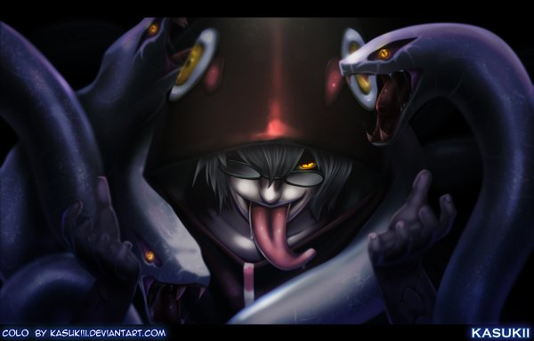 Anime picture 1253x800 with naruto studio pierrot naruto (series) yakushi kabuto kasukiii short hair smile yellow eyes grey hair teeth coloring sharp teeth boy animal glasses tongue hood snake