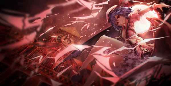 Anime picture 1760x892 with touhou remilia scarlet missle228 single looking at viewer highres short hair smile red eyes wide image sitting purple hair outdoors head tilt wind night bare legs outstretched arm bat wings hand on cheek