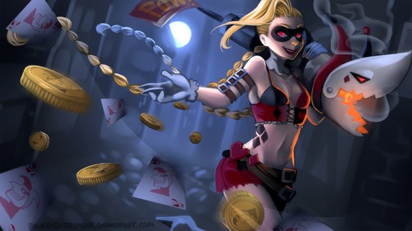 Anime picture 1280x720 with batman league of legends dc comics jinx (league of legends) tagme (artist) single blonde hair smile red eyes wide image very long hair cosplay harley queen (cosplay) girl weapon gun mask card (cards) grenade launcher