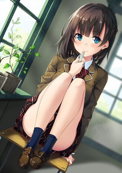 Anime picture 1413x2000 with original unasaka ryou single tall image looking at viewer blush fringe short hair blue eyes light erotic smile brown hair sitting holding full body bent knee (knees) indoors nail polish pleated skirt arm support