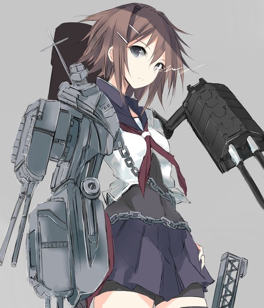 Anime picture 1030x1200 with kantai collection furutaka heavy cruiser nao (qqqbb) single tall image looking at viewer short hair simple background brown hair grey background grey eyes glowing glowing eye (eyes) girl uniform hair ornament chain bobby pin leggings machinery