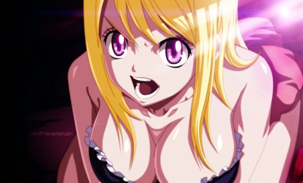 Anime picture 1187x720 with fairy tail lucy heartfilia eroishi single long hair breasts open mouth light erotic blonde hair wide image large breasts pink eyes coloring light girl miniskirt