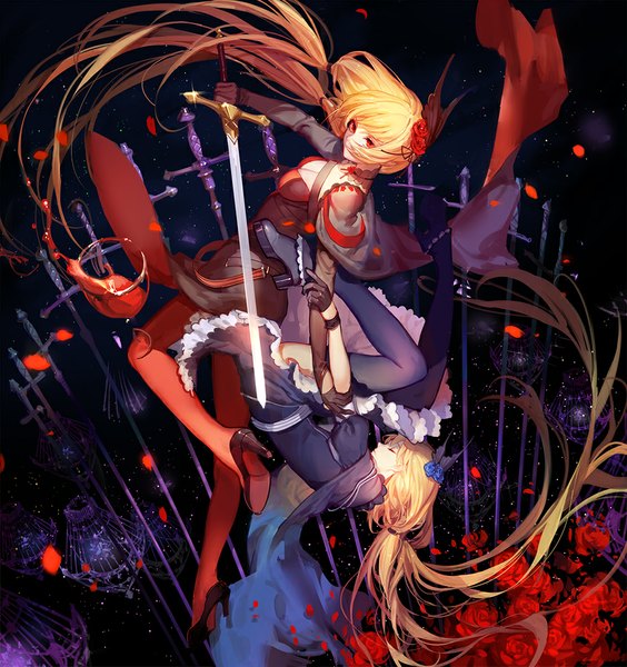 Anime picture 939x1000 with original pixiv fantasia pixiv fantasia fallen kings ask (askzy) tall image blonde hair red eyes multiple girls full body eyes closed very long hair dark background girl thighhighs dress gloves hair ornament flower (flowers) weapon black thighhighs