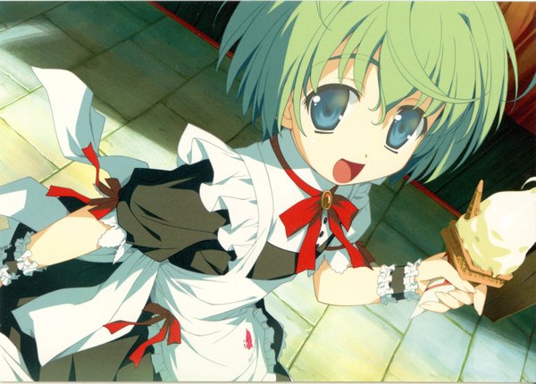 Anime picture 3567x2561 with wiz anniversary granitiana cristia highres short hair open mouth blue eyes green hair maid girl food frills sweets ice cream