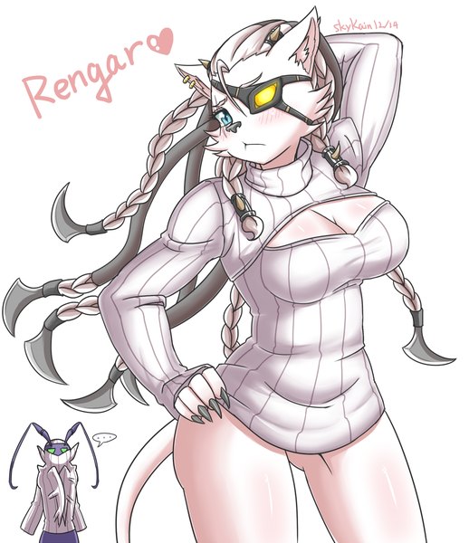 Anime picture 1037x1200 with league of legends rengar (league of legends) kha'zix (league of legends) sky kain (artist) tall image blush breasts blue eyes light erotic large breasts green eyes animal ears cleavage tail animal tail legs hand on hip genderswap girl sweater