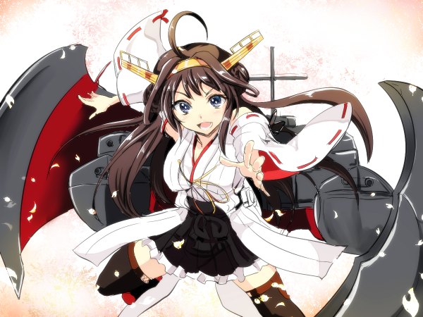 Anime picture 1200x900 with kantai collection kongou battleship gin'ichi (akacia) single long hair looking at viewer open mouth blue eyes ahoge traditional clothes japanese clothes teeth nontraditional miko girl skirt weapon detached sleeves petals hairband armor
