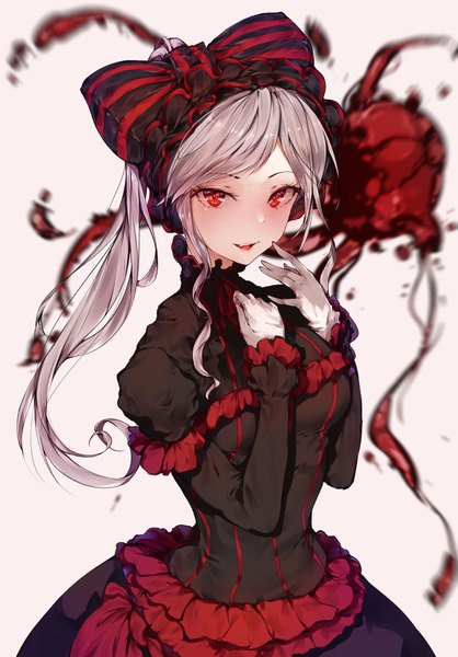 Anime picture 768x1102 with overlord (maruyama) madhouse shalltear bloodfallen hplay (kyoshinou) single long hair tall image looking at viewer blush fringe open mouth smile red eyes standing payot silver hair ponytail long sleeves :d blurry
