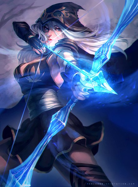 Anime picture 700x948 with league of legends ashe (league of legends) marisa oh single long hair tall image fringe breasts blue eyes hair between eyes holding outdoors white hair lips from below fighting stance glowing weapon girl weapon hat