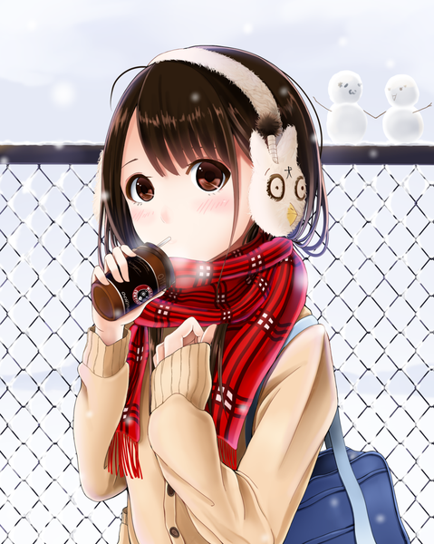 Anime picture 1104x1383 with original kentaurosu single tall image blush short hair black hair brown eyes girl uniform school uniform headphones scarf school bag