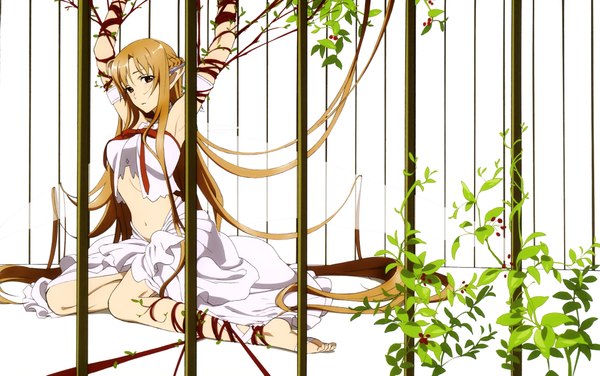 Anime picture 4073x2553 with sword art online a-1 pictures yuuki asuna titania (alo) watanabe ruriko single looking at viewer highres brown hair brown eyes absurdres very long hair pointy ears scan official art girl dress ribbon (ribbons) plant (plants)