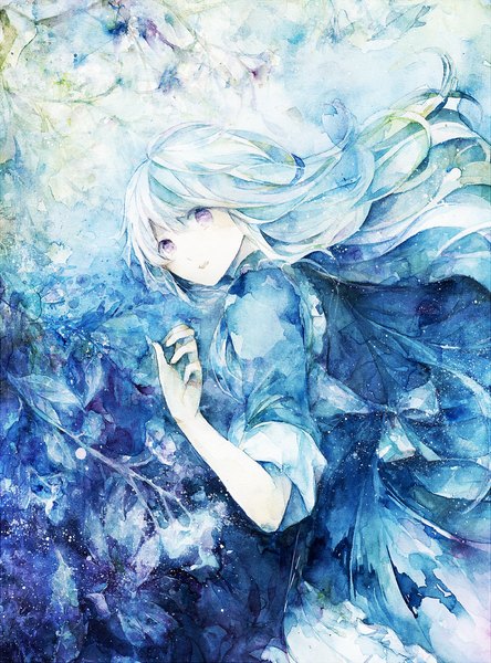 Anime picture 900x1215 with kagerou project shaft (studio) mary (kagerou project) aji77 (artist) single long hair tall image looking at viewer blush fringe purple eyes blue hair looking back traditional media watercolor (medium) girl dress