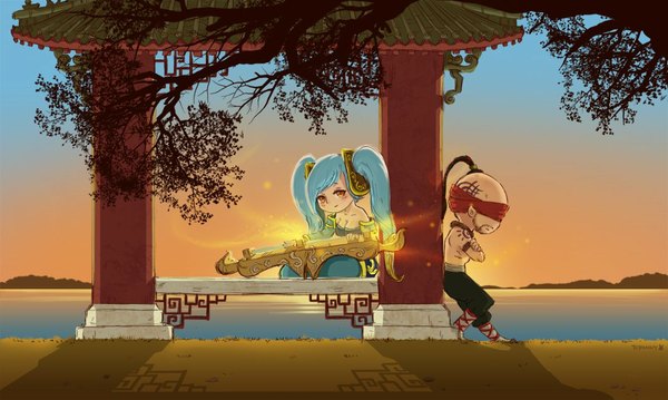 Anime picture 1065x638 with league of legends sona buvelle lee sin (league of legends) long hair blush black hair wide image sitting yellow eyes aqua hair tattoo evening sunset chibi lake girl boy hair ornament plant (plants) tree (trees)