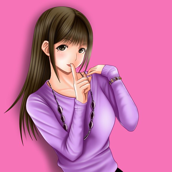 Anime picture 1102x1102 with zakuro0508 single long hair black hair simple background black eyes finger to mouth pink background girl bracelet sweater necklace