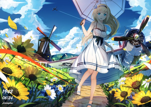 Anime picture 2000x1414 with warship girls r lexington (warship girls r) lu'' long hair looking at viewer blush fringe highres blue eyes blonde hair standing bare shoulders holding sky cloud (clouds) parted lips hair flower wind sunlight bare legs