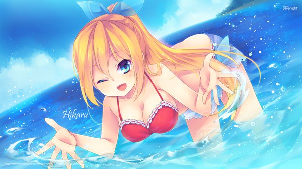 Anime picture 1920x1080 with os-tan microsoft aizawa hikaru long hair highres open mouth blue eyes blonde hair wide image cleavage ponytail bent over girl bow swimsuit hair bow bikini water splashes red bikini