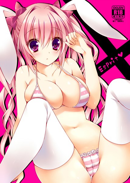 Anime picture 647x906 with sorai shin'ya single long hair tall image looking at viewer blush fringe breasts light erotic simple background hair between eyes large breasts sitting twintails animal ears payot pink hair bent knee (knees) pink eyes arm support