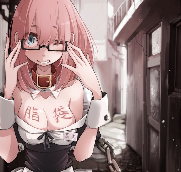 Anime picture 1066x1014 with original takagi (tansuke) tansuke single long hair looking at viewer blush breasts blue eyes light erotic smile large breasts pink hair cleavage one eye closed wink inscription tattoo girl glasses