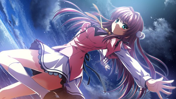 Anime picture 1280x720 with supipara narumi sakura nanao naru long hair blush blue eyes wide image game cg cloud (clouds) red hair night girl skirt uniform school uniform miniskirt socks white socks