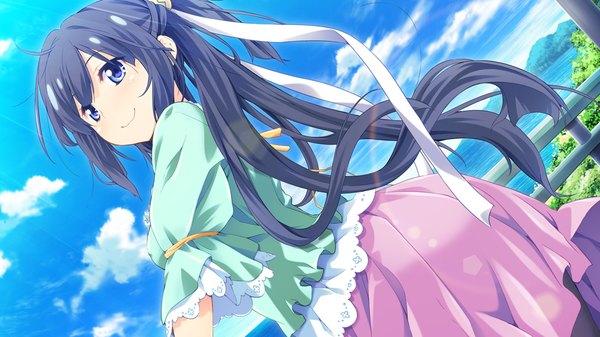 Anime picture 1024x576 with sensui-bu! single long hair blue eyes black hair smile wide image game cg sky cloud (clouds) looking back girl dress ribbon (ribbons) hair ribbon