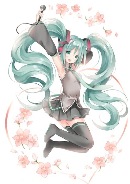 Anime picture 602x850 with vocaloid hatsune miku wataame27 single tall image looking at viewer blush open mouth twintails very long hair arm up aqua eyes aqua hair armpit (armpits) arm behind head jumping girl flower (flowers) detached sleeves petals