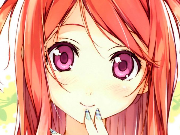 Anime picture 1024x768 with original kurumi (kantoku) kantoku single long hair looking at viewer blush smile red hair nail polish pink eyes fingernails long fingernails cute nail art girl