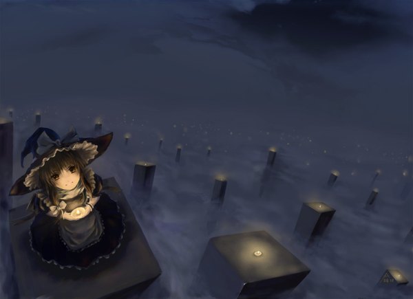 Anime picture 1280x930 with touhou kirisame marisa archlich single long hair blonde hair standing brown eyes outdoors from above night sky looking up fog girl bow hair bow hat witch hat candle (candles) pillar