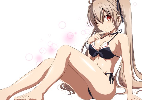 Anime picture 1754x1240 with kantai collection murasame destroyer kuromayu single looking at viewer highres breasts light erotic simple background smile red eyes white background twintails very long hair grey hair girl swimsuit bikini black bikini