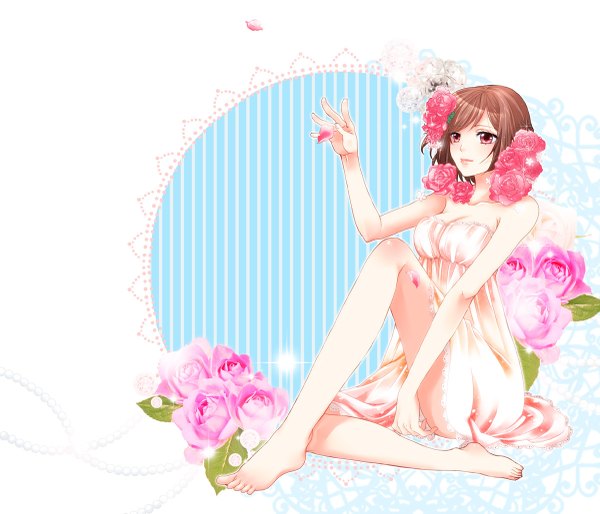 Anime picture 1200x1029 with vocaloid meiko ako (macochi) single short hair red eyes brown hair bare shoulders barefoot convenient censoring girl flower (flowers) petals rose (roses) pink rose
