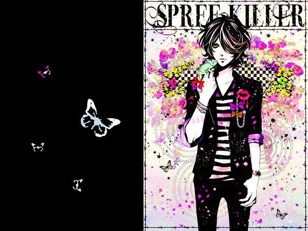 Anime picture 1217x913 with spree killer (manga) clyde coen (spree killer) naki ringo single fringe short hair black hair standing yellow eyes light smile lips hair over one eye inscription black background striped framed hand in pocket checkered twisty sleeves boy