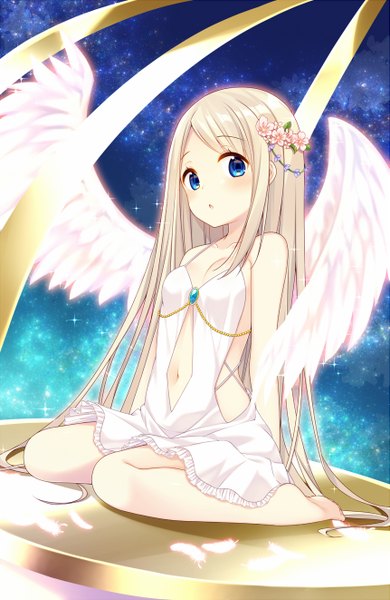 Anime picture 861x1322 with original bekotarou single tall image looking at viewer open mouth blue eyes white hair very long hair hair flower girl dress navel hair ornament flower (flowers) wings feather (feathers)