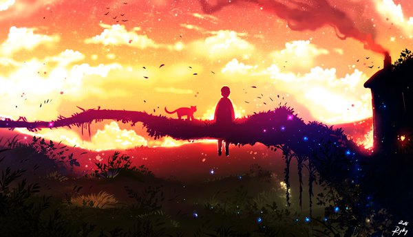 Anime picture 1287x741 with original ryky single short hair wide image sitting signed sky cloud (clouds) wind from behind dated evening sunset smoke scenic silhouette 2016 boy plant (plants)