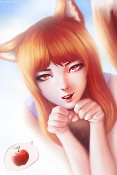Anime picture 960x1440 with spice and wolf horo miura-n315 single long hair tall image looking at viewer fringe open mouth simple background white background bare shoulders animal ears tail animal tail lips orange hair realistic teeth orange eyes