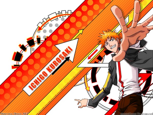 Anime picture 1024x768 with bleach studio pierrot kurosaki ichigo james hildenbrand (redxxii) single looking at viewer short hair signed orange hair open jacket character names outstretched arm vector third-party edit clenched teeth boy jacket chain arrow (arrows)